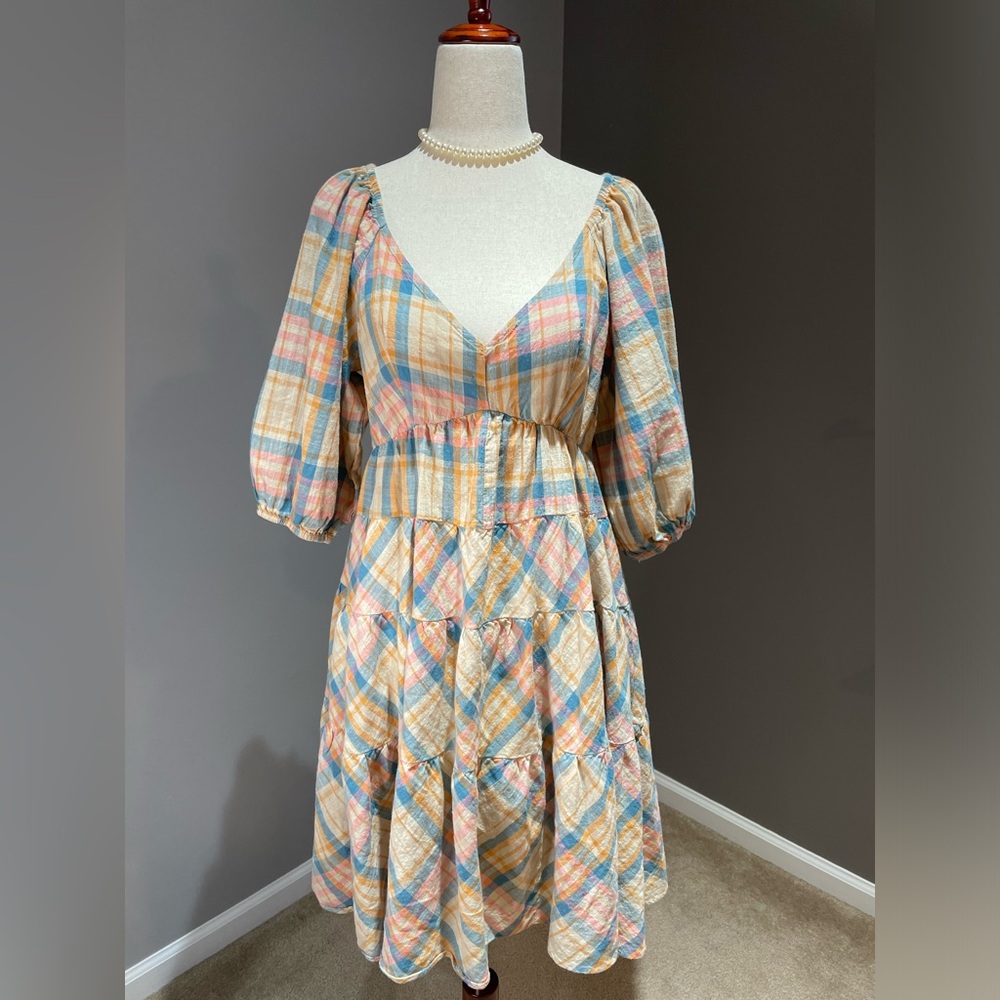 DREW by Anthropologie Tiered Midi Dress Size S Pink Tan Blue Plaid Cottagecore
